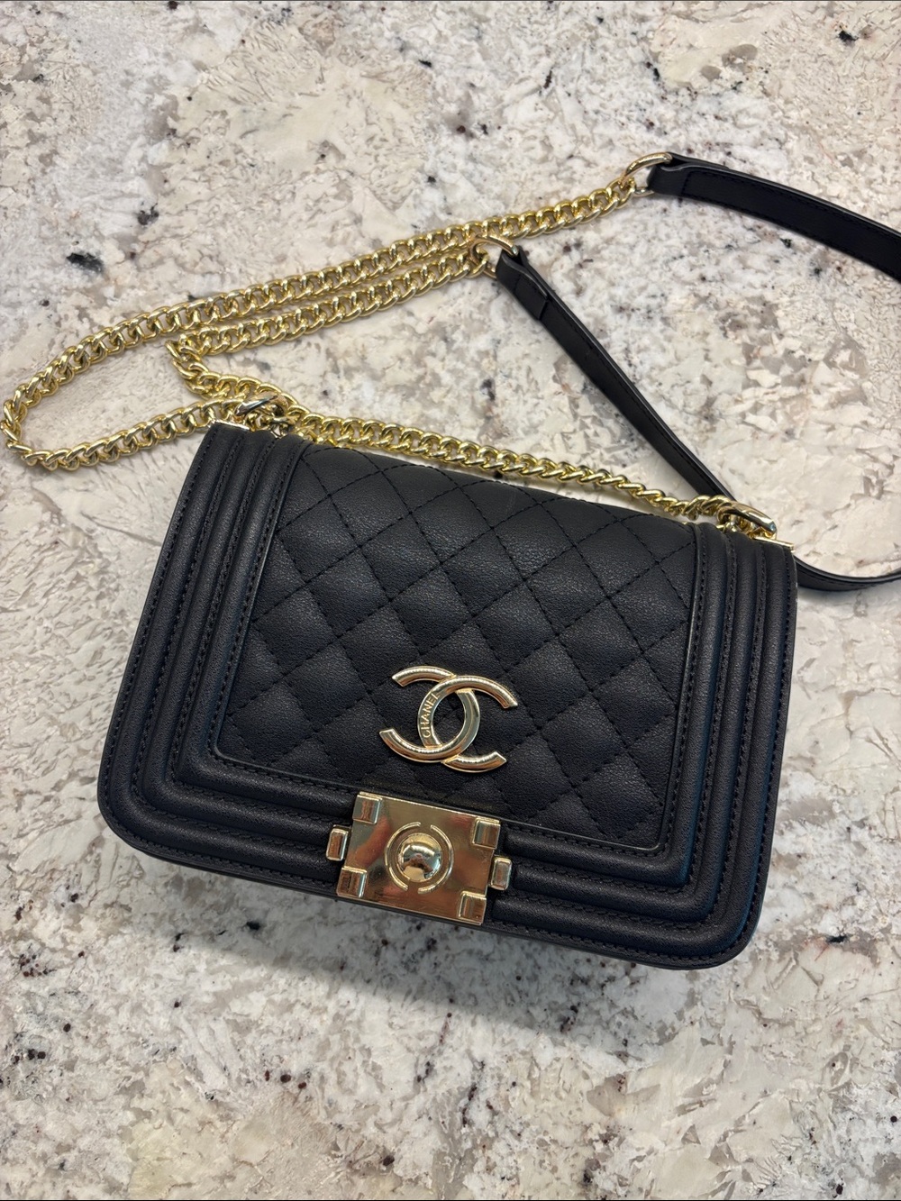 Designer Inspired Black Quilted Bag with Gold Chain